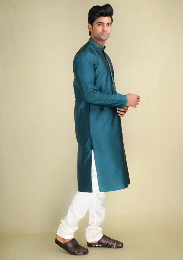 Nawab Parker Men's Stylish Cotton Kurta Pajama with Elegant Peacock Blue Color right view