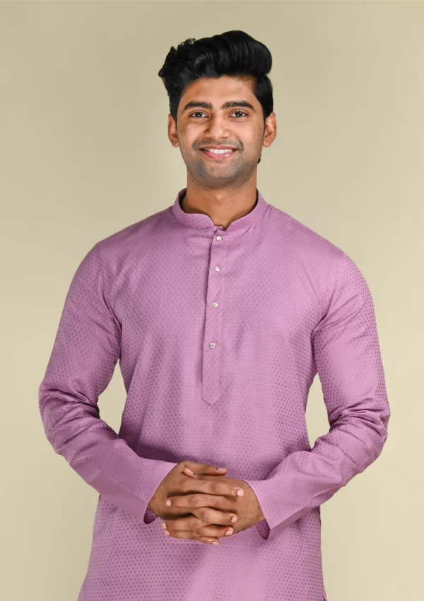 Nawab Parker Men's Stylish Self Design Light Purple Kurta Pajama front kurta view