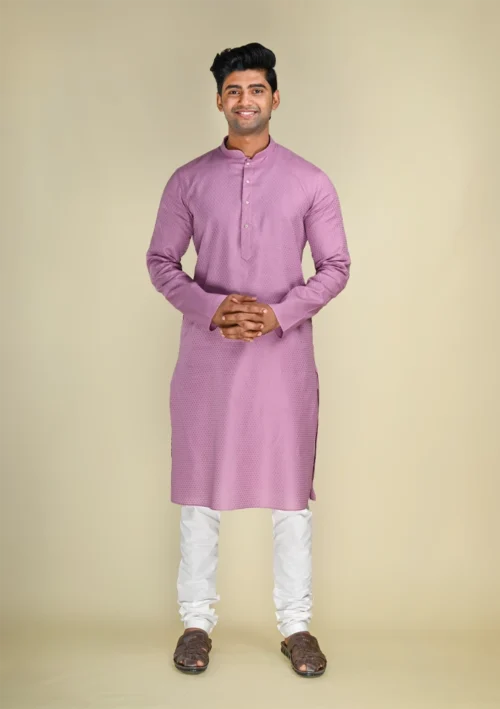 Nawab Parker Men's Stylish Self Design Light Purple Kurta Pajama full front view