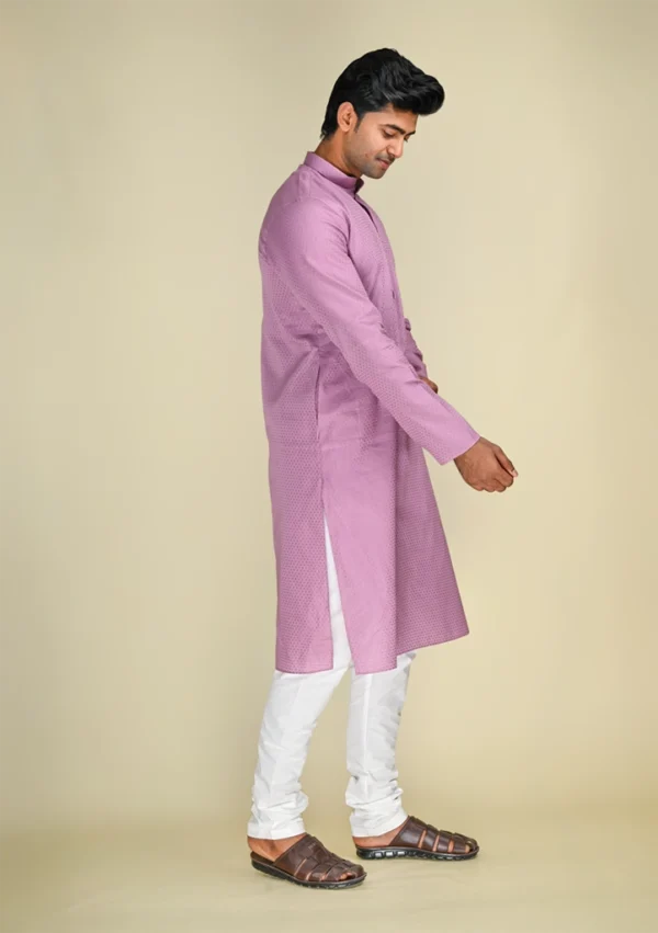 Nawab Parker Men's Stylish Self Design Light Purple Kurta Pajama left view
