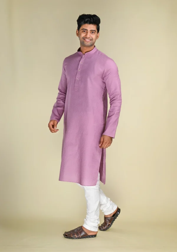 Nawab Parker Men's Stylish Self Design Light Purple Kurta Pajama right view