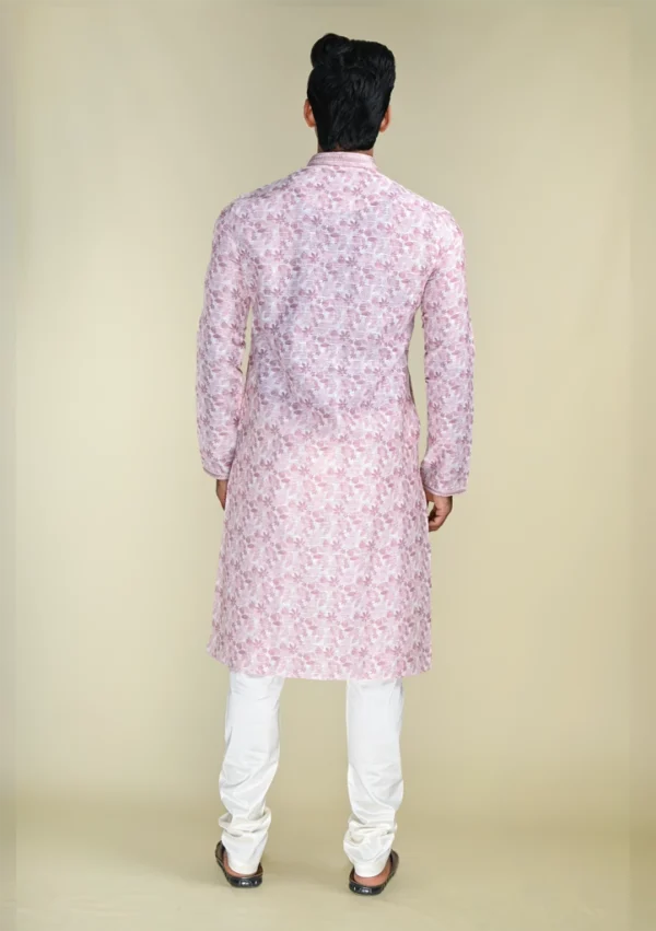 Nawab Parker Men's Subtle Leaf Pattern Light Pink Kurta Pajama for Casual Look back view