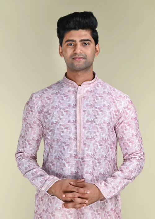 Nawab Parker Men's Subtle Leaf Pattern Light Pink Kurta Pajama for Casual Look front kurta view