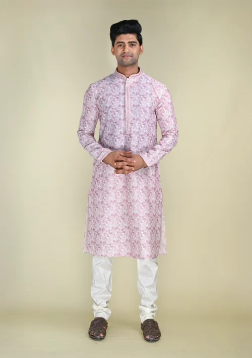 Nawab Parker Men's Subtle Leaf Pattern Light Pink Kurta Pajama for Casual Look full front view
