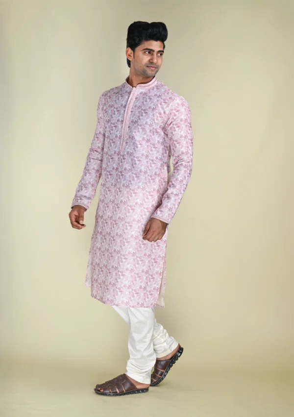 Nawab Parker Men's Subtle Leaf Pattern Light Pink Kurta Pajama for Casual Look left view