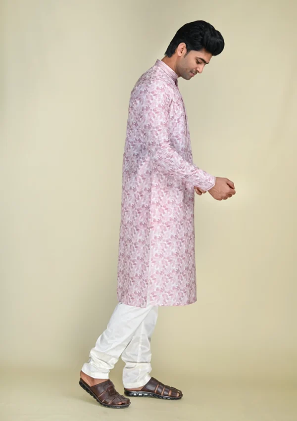 Nawab Parker Men's Subtle Leaf Pattern Light Pink Kurta Pajama for Casual Look right view
