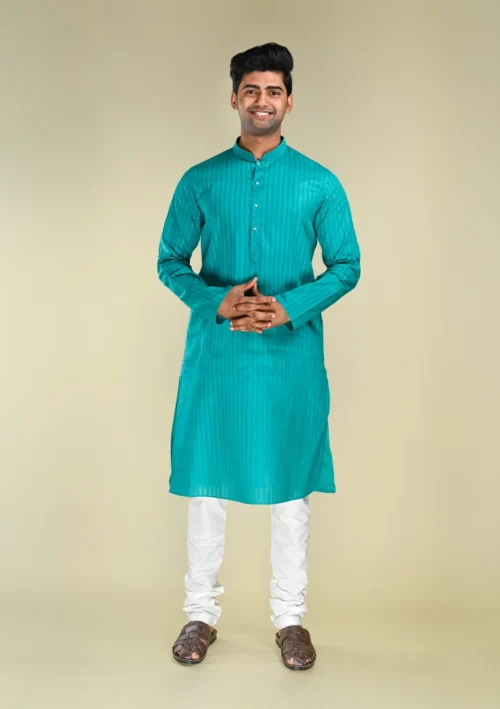 Nawab Parker Men's Turquoise Blue Kurta Pajama Set for Festive Occasions front full view