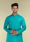 Nawab Parker Men's Turquoise Blue Kurta Pajama Set for Festive Occasions front kurta view
