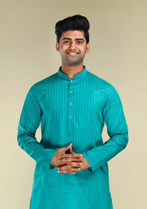 Nawab Parker Men's Turquoise Blue Kurta Pajama Set for Festive Occasions front kurta view