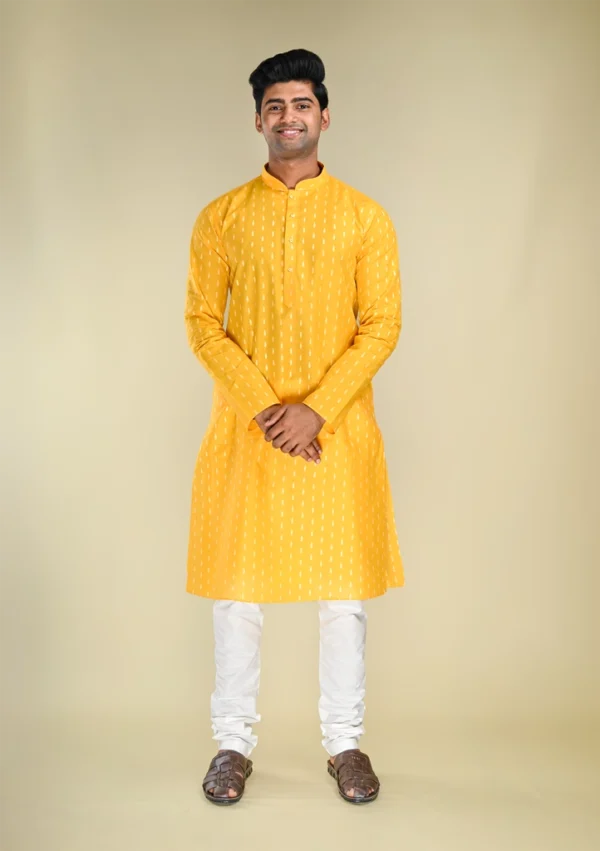 Nawab Parker Men's Yellow Kurta Pajama Set with Handloom Pattern front full view
