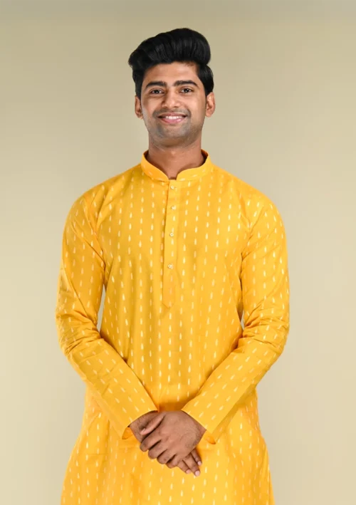Nawab Parker Men's Yellow Kurta Pajama Set with Handloom Pattern front kurta view