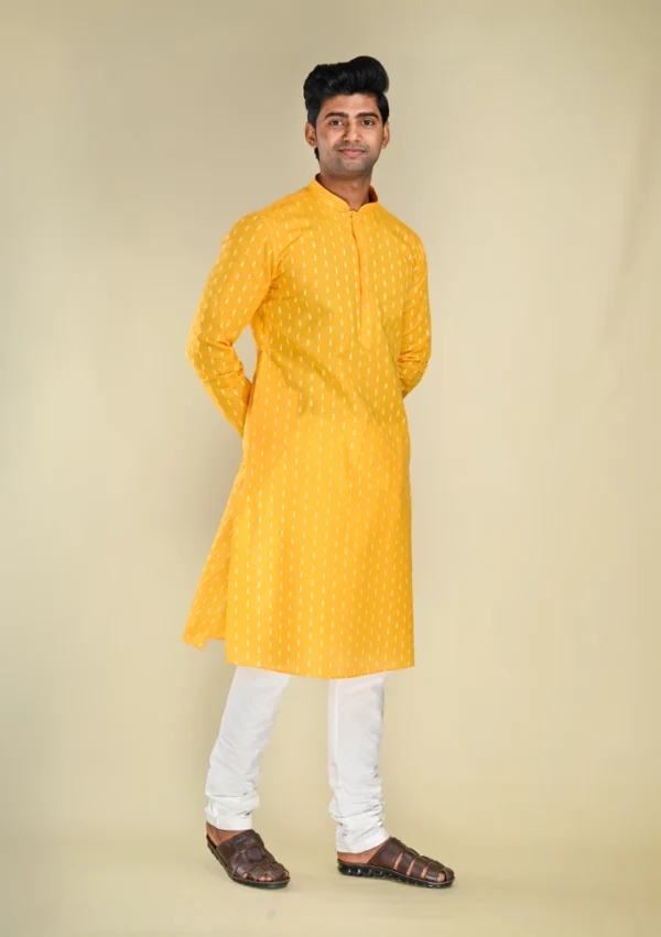 Nawab Parker Men's Yellow Kurta Pajama Set with Handloom Pattern right view