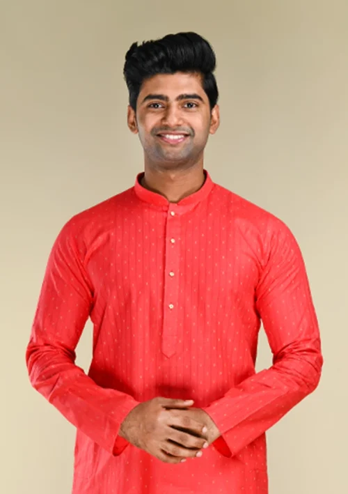 Nawab Parker Men’s Coral Pink Kurta Pajama in Striped White Dotted Print Front kurta view