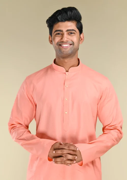 Nawab Parker New Subtle Self Design Peach Colour Kurta Pajama for Men Front kurta view