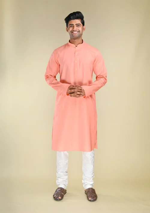 Nawab Parker New Subtle Self Design Peach Colour Kurta Pajama for Men full front view