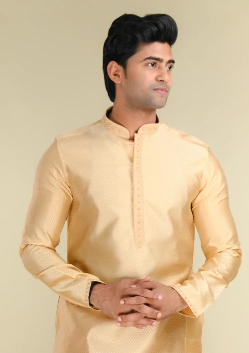 Nawab Parker Shop New Golden Kurta Pajama Set for Festive Elegance front kurta view