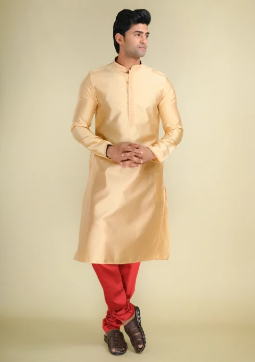 Nawab Parker Shop New Golden Kurta Pajama Set for Festive Elegance full front view
