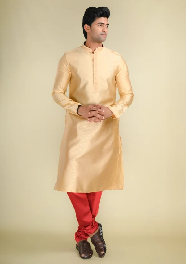 Nawab Parker Shop New Golden Kurta Pajama Set for Festive Elegance full front view