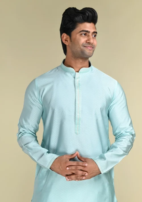 Nawab Parker Sky Blue Regular Fit Kurta Pajama Set with Subtle Woven Detailing front kurta view