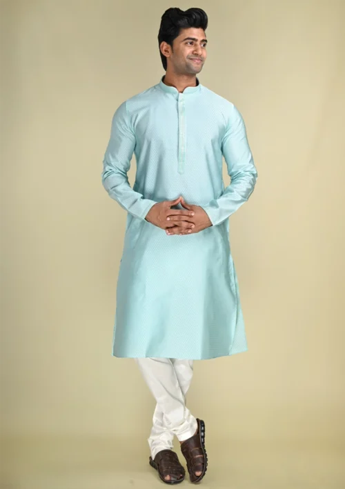 Nawab Parker Sky Blue Regular Fit Kurta Pajama Set with Subtle Woven Detailing full front view