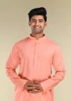 Nawab Parker Striped Textured Peach Colour Kurta Pajama For Men With front kurta view