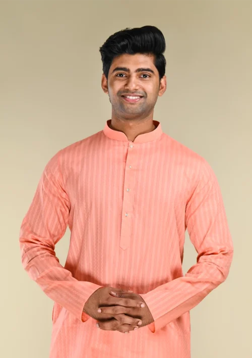 Nawab Parker Striped Textured Peach Colour Kurta Pajama For Men With front kurta view