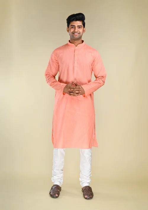 Nawab Parker Striped Textured Peach Colour Kurta Pajama For Men With full front view