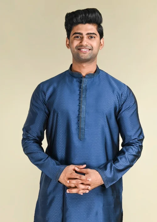 Nawab Parker Stylish Navy Blue Kurta Pajama for Men in Soft Woven Cotton front kurta view