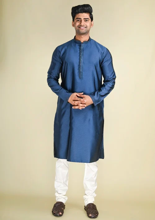 Nawab Parker Stylish Navy Blue Kurta Pajama for Men in Soft Woven Cotton full front view