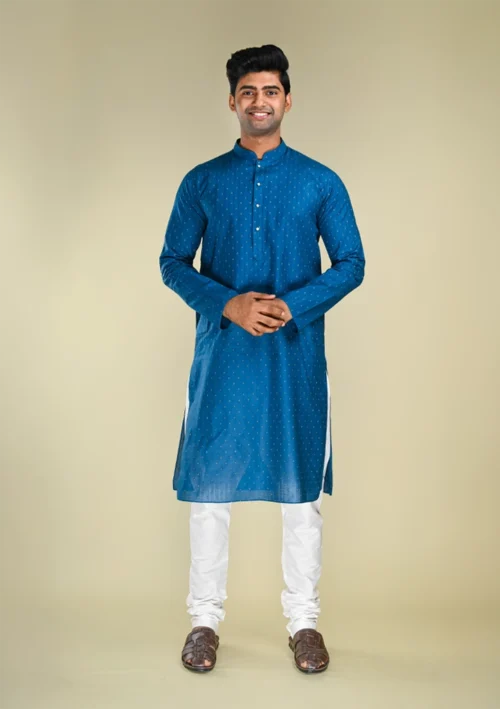 Nawab Parker Stylish Navy Blue Kurta Pajama for Men with Dotted Jacquard Pattern front full view