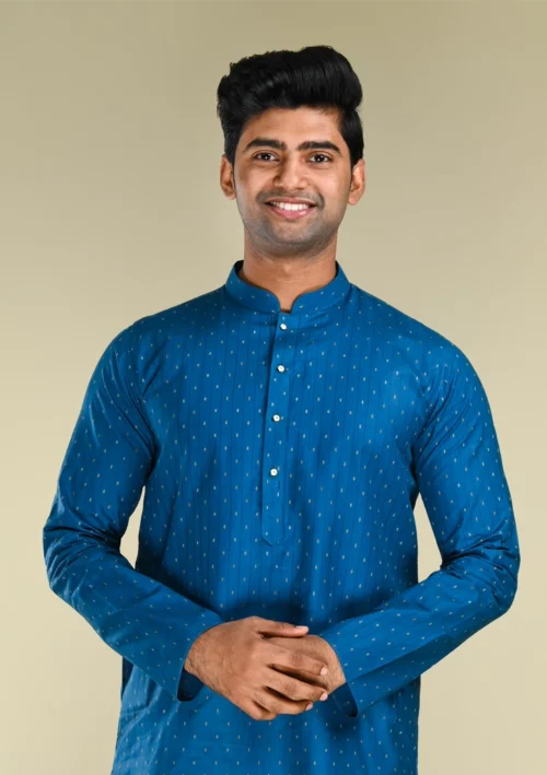 Nawab Parker Stylish Navy Blue Kurta Pajama for Men with Dotted Jacquard Pattern front kurta view