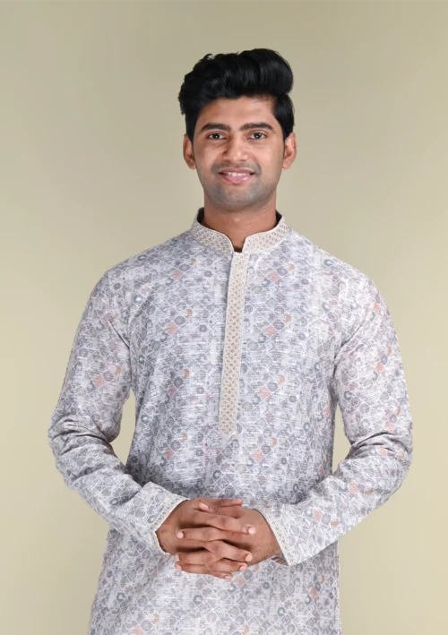 Nawab Parker Textured Cotton Floral Printed Kurta Men's Casual Ethnic Wear front kurta view