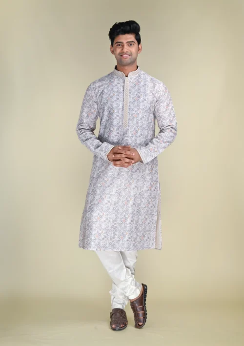 Nawab Parker Textured Cotton Floral Printed Kurta Men's Casual Ethnic Wear full front view