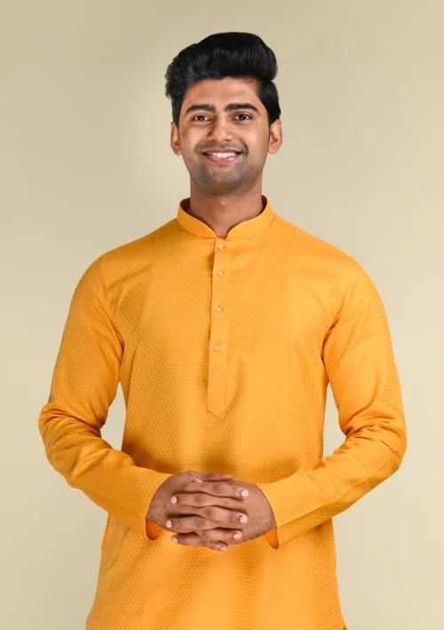 Nawab Parker Traditional Mustard Yellow Kurta Pajama for Haldi Ceremonies front kurta view