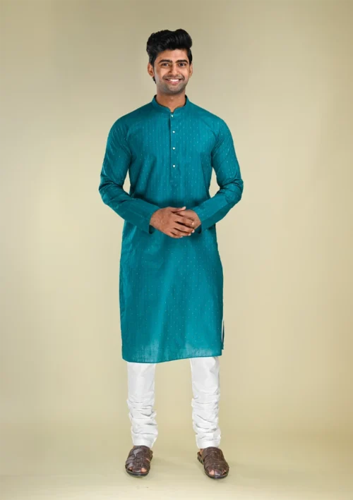 Nawab Parker Traditional Style Woven Teal Kurta Pajama Set for Men full front view