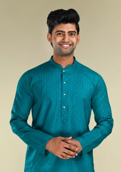Nawab Parker Traditional Style Woven Teal Kurta Pajama Set for Men kurta front view