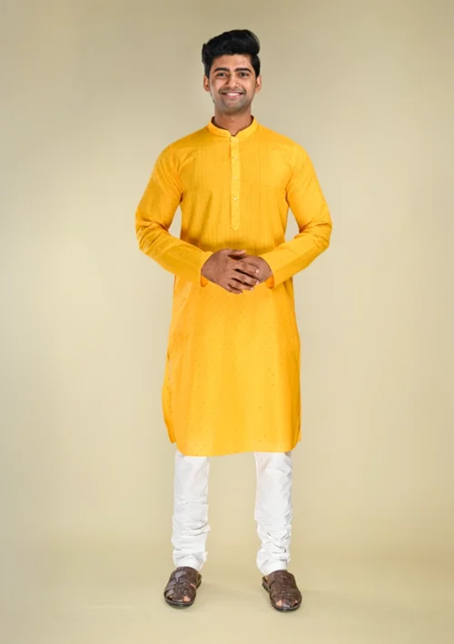 Nawab Parker Traditional Yellow Kurta Pajama Set for Men with Subtle Striped Pattern Front full view
