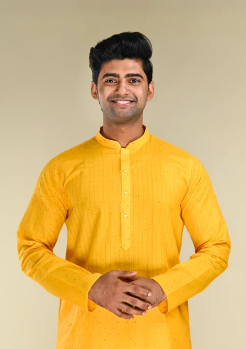 Nawab Parker Traditional Yellow Kurta Pajama Set for Men with Subtle Striped Pattern Front kurta view