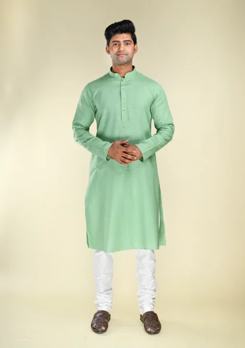Nawab Parker Woven Pure Cotton Pista Colour Kurta Pajama For Men full front view