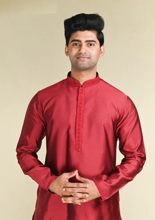 Nawab ParkerBuy Art Silk Maroon Color Kurta Pajama Set for Men Front kurta view