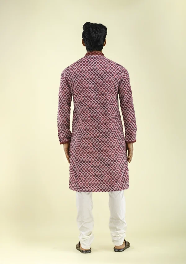 Nawab Parker White Motif Printed Wedding Kurta Pajama for Men Back - View