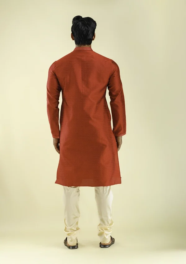 Nawab Parker Shop Diamond Jacquard Red Kurta Pajama for Men Back -View