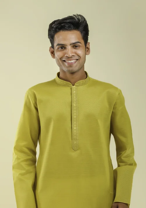 Buy Brand New Golden Yellow Kurta Pajama for Men half front view