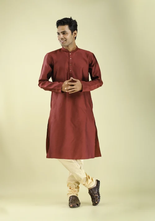 Classic Maroon Color Kurta Pajama In Glossy Art Silk front view