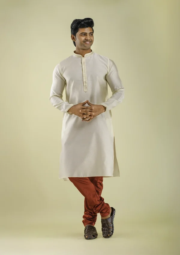 Nawab Parker Textured Silk Cream Color Kurta Pajama For Diwali front view