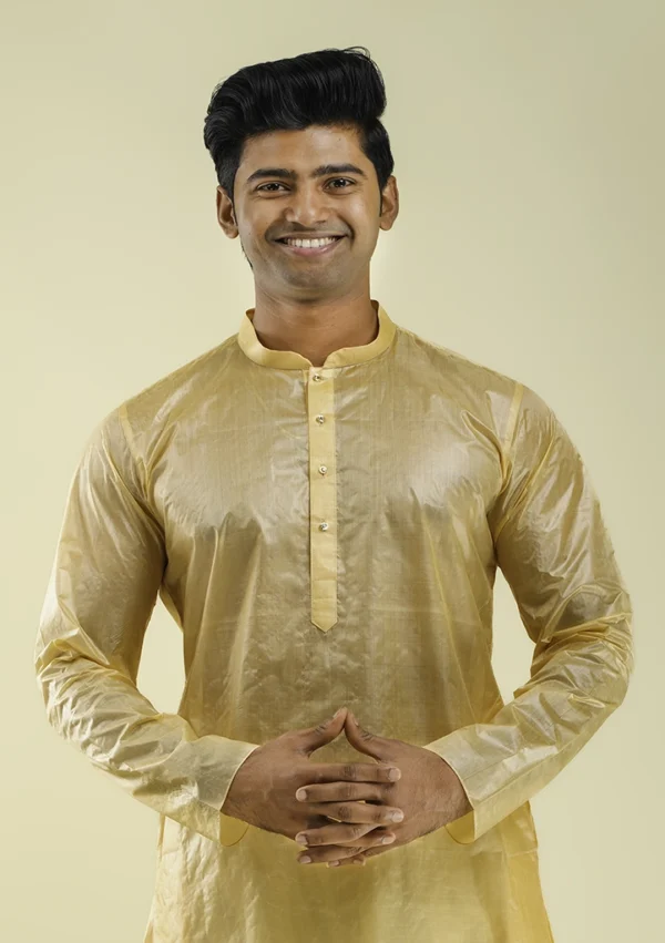 Nawab Parker Wedding Grandeur Golden Pure Silk Kurta Pajama for Men half front view
