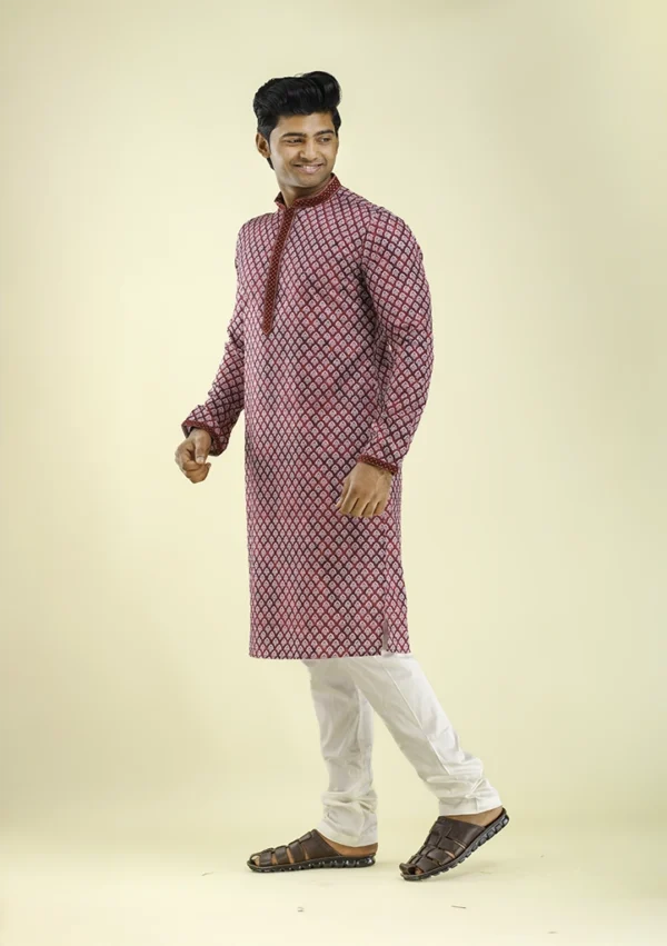 Nawab Parker White Motif Printed Wedding Kurta Pajama for Men Left - View