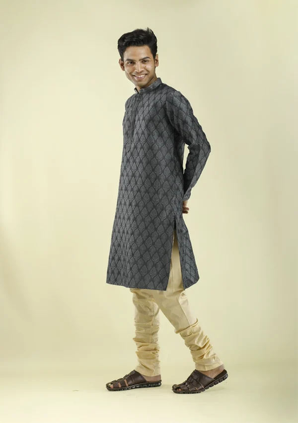 Nawab Parker Premium Motif Design Dark Gray Kurta Pajama for Men left -view