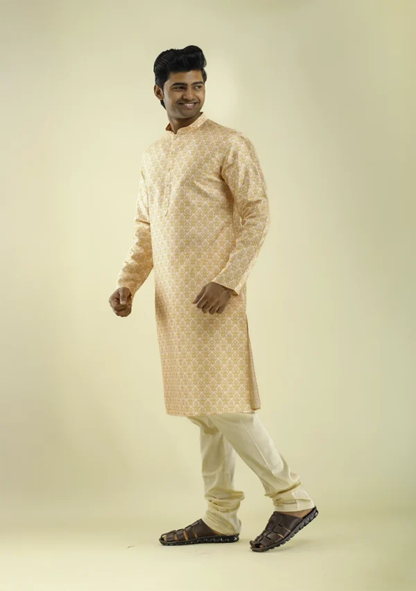 Nawab Parker Warm Peach Damask Printed Kurta Pajama for Men left - view