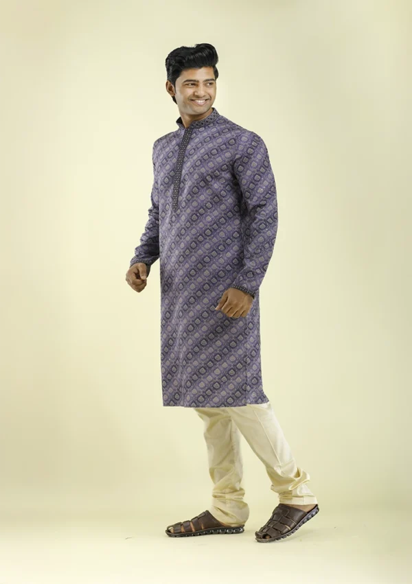 Nawab Parker Printed Kurta Pajama for Men with Embroidered Collar left- view